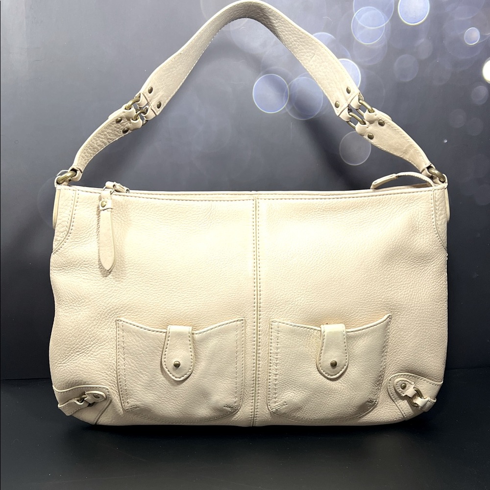 COLE HAAN  ELEGANT SLIM CREAM LEATHER SHOULDER BAG DOUBLE FRONT POCKETS